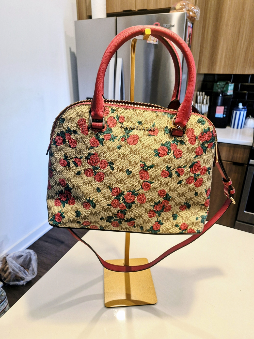 Michael Kors Signature Floral Cindy Large Dome Satchel in a tan/brown multi PV